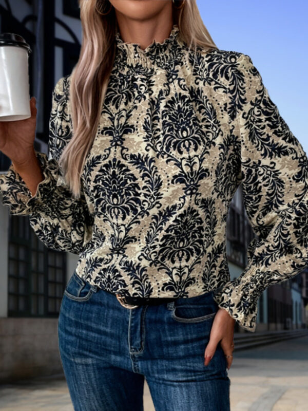 Smocked Printed Mock Neck Blouse - Image 3