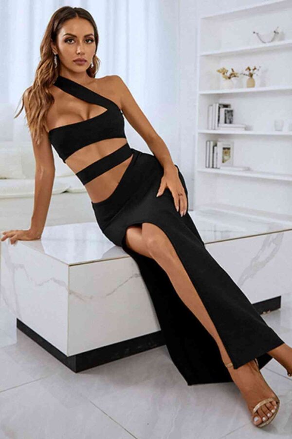 One-Shoulder Cutout Front Split Maxi Dress - Image 3