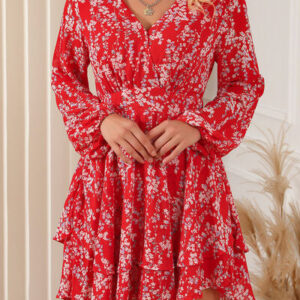 Printed Surplice Balloon Sleeve Layered Dress