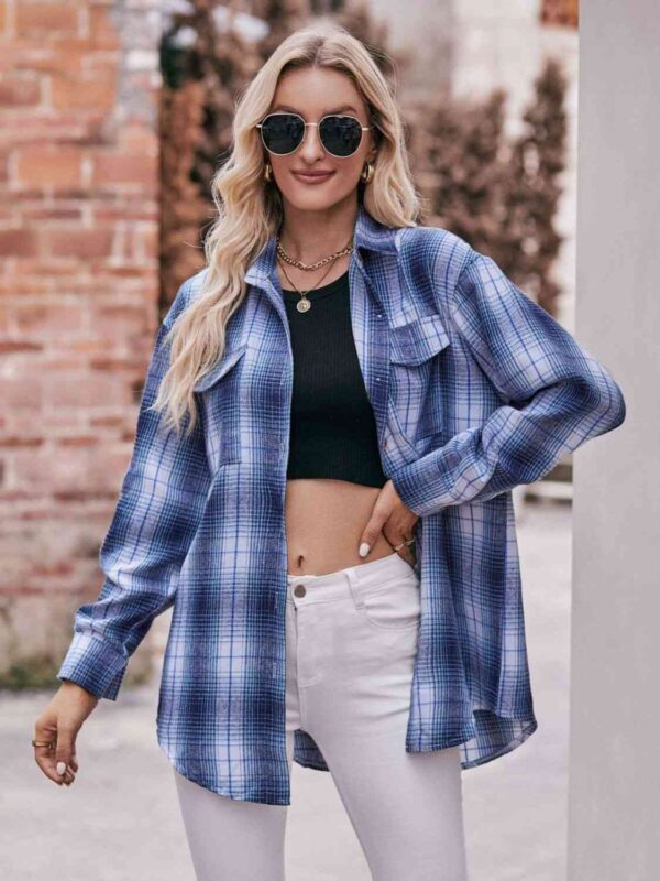 Plaid Dropped Shoulder Longline Shirt - Image 19