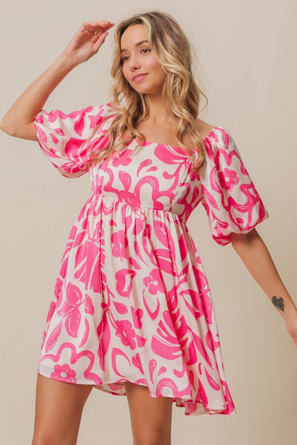 BiBi Tropical Floral Pattern Puff Sleeve Square Neck Dress - Image 3