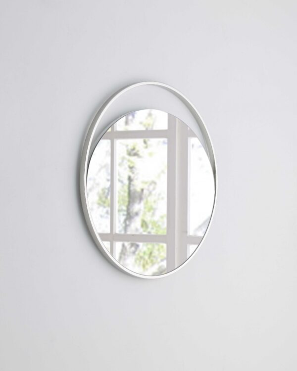 Medium Round Mirror In Matte White. Polished Stainless Steel Frame.