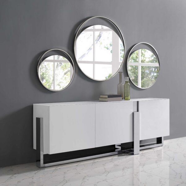 Medium Round Mirror In Matte White. Polished Stainless Steel Frame. - Image 2