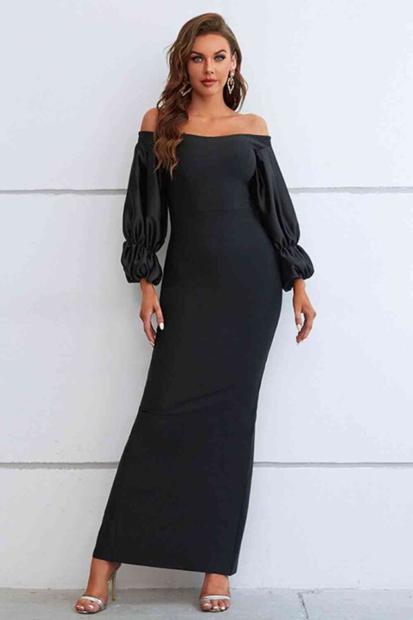 Off-Shoulder Bubble Sleeve Slit Dress - Image 5