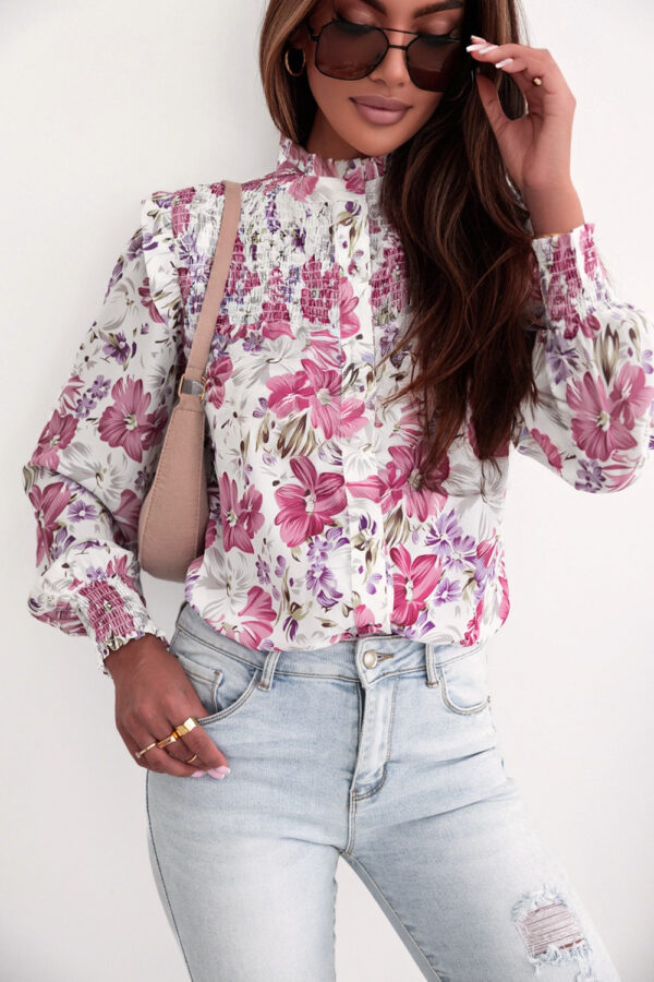 Ruffled Smocked Floral Lantern Sleeve Shirt - Image 2