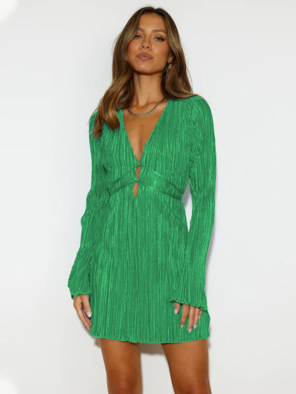 Tied Plunge Flare Sleeve Mini Dress - Image 3