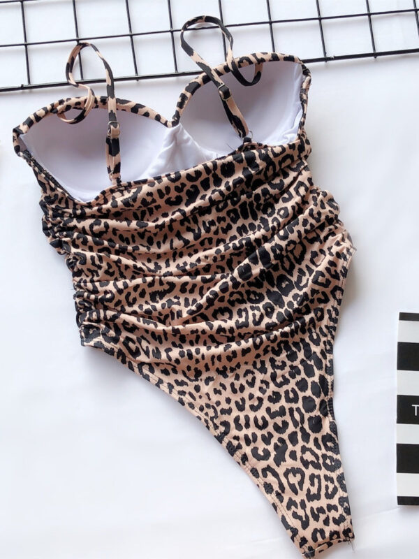 Ruched Leopard Spaghetti Strap One-Piece Swimwear - Image 7