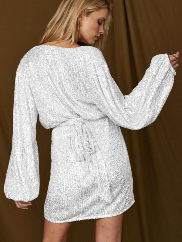 Tied Sequin Surplice Balloon Sleeve Dress - Image 2