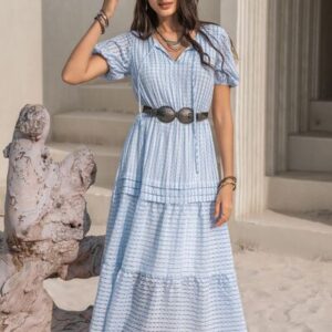Tie Neck Balloon Sleeve Tiered Dress