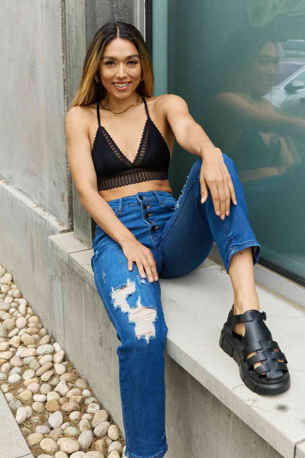 Leto Ribbed Lace Boho Racerback Bralette in Black - Image 7