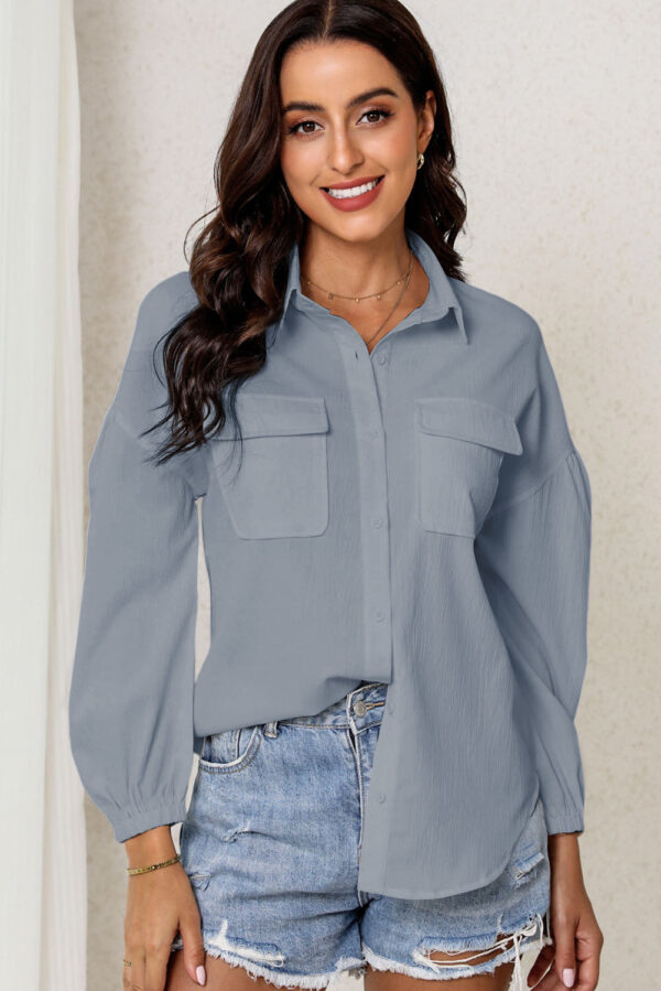 Pocketed Button Up Balloon Sleeve Shirt - Image 13