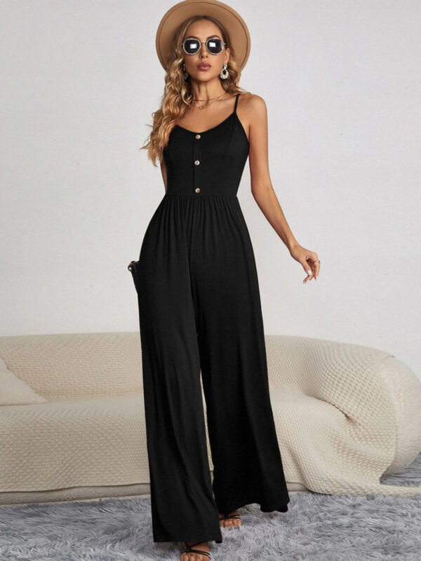 Decorative Button Spaghetti Strap Wide Leg Jumpsuit - Image 4
