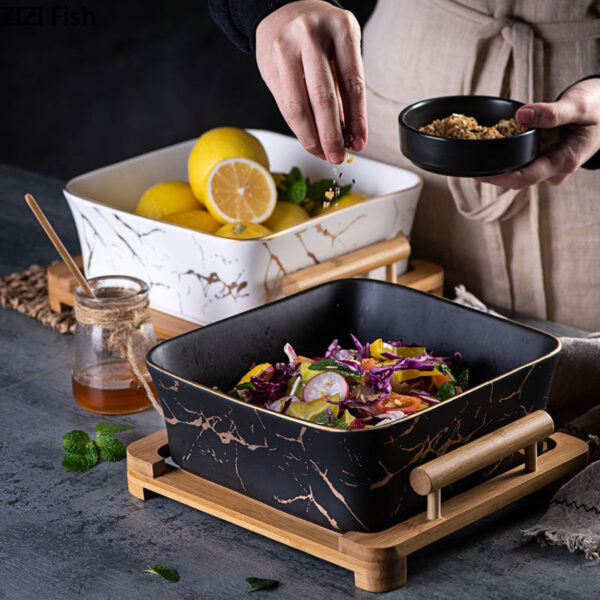 Marble Pattern Bowl and Wooden Tray