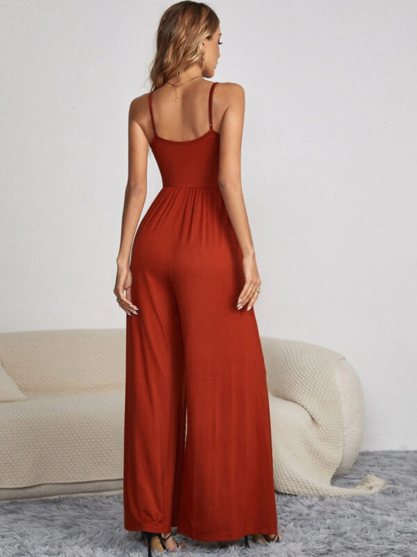 Decorative Button Spaghetti Strap Wide Leg Jumpsuit - Image 2
