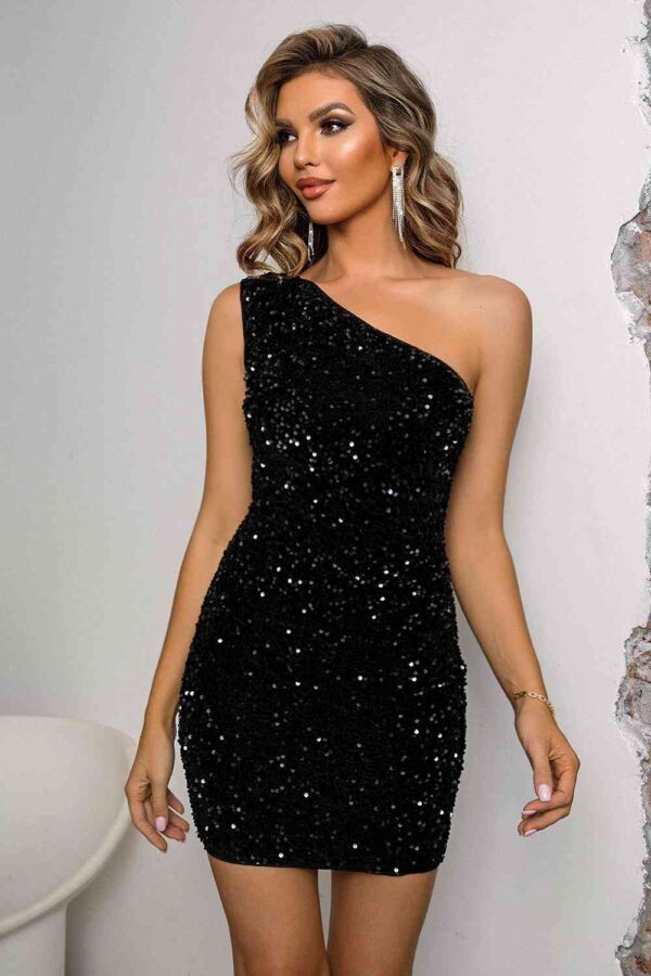 Sequin Lace-Up One-Shoulder Bodycon Dress - Image 4