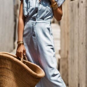 Slit Pocketed Half Button Denim Dress