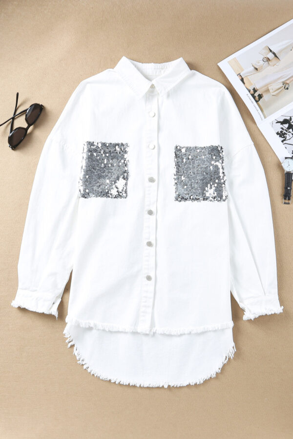Sequin Raw Hem Dropped Shoulder Shirt - Image 3