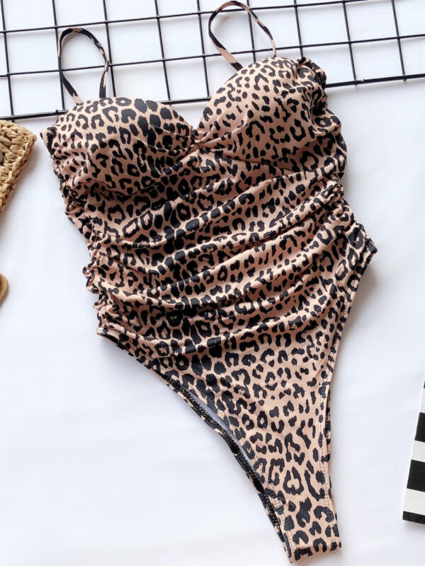 Ruched Leopard Spaghetti Strap One-Piece Swimwear - Image 8
