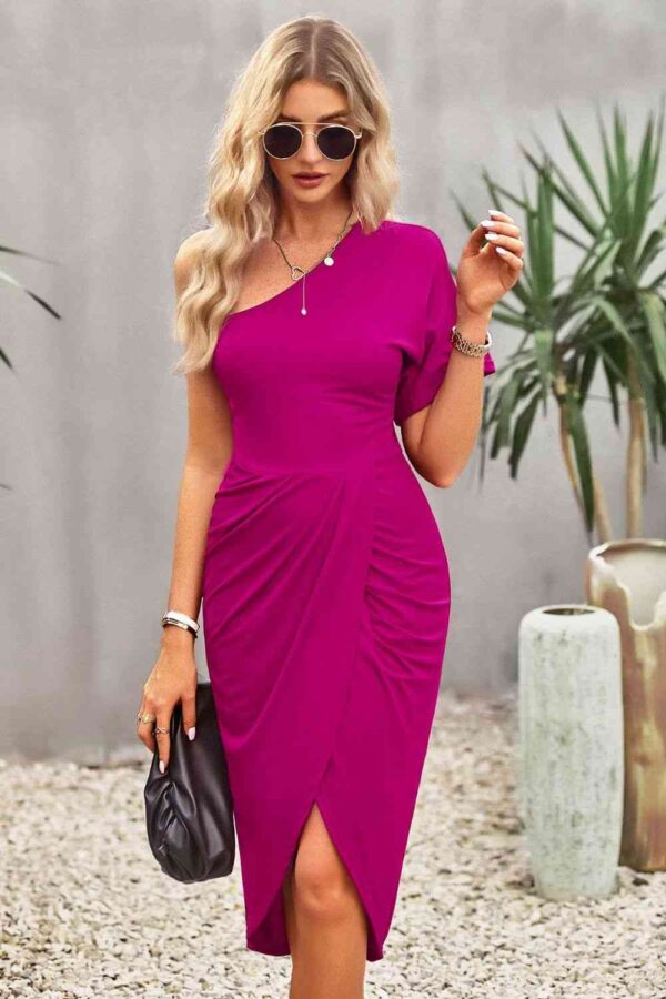 Ruched One-Shoulder Tulip Hem Dress - Image 5