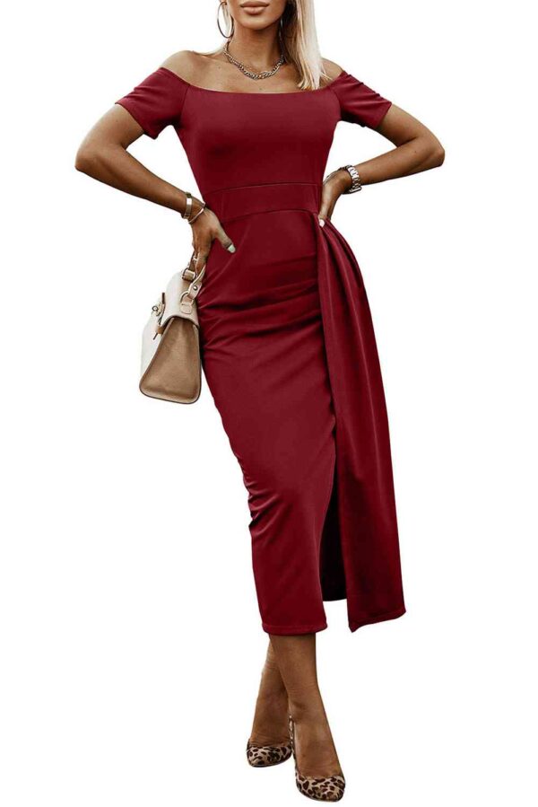 Off-Shoulder Short Sleeve Split Dress - Image 20