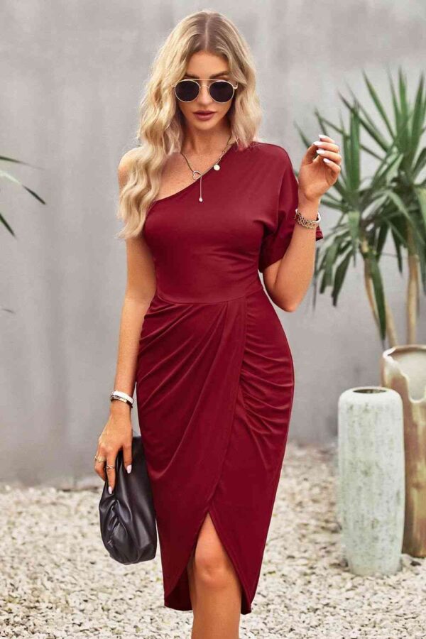 Ruched One-Shoulder Tulip Hem Dress - Image 12