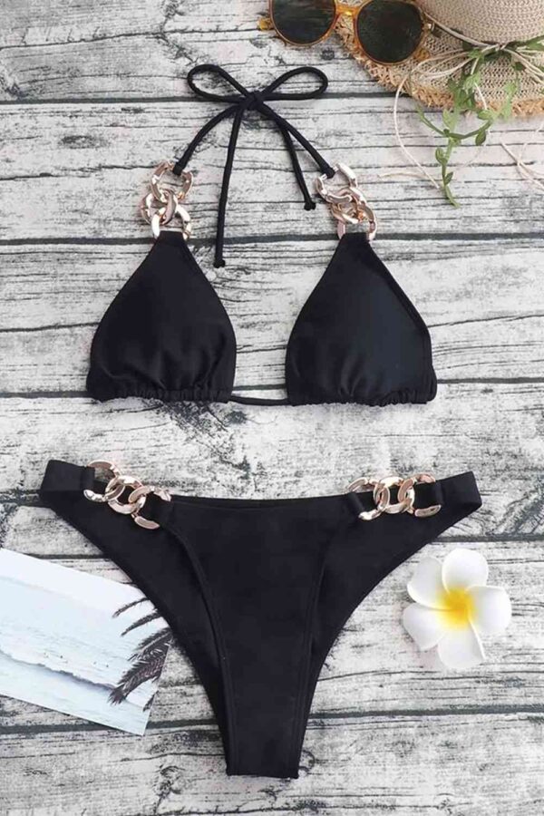 Chain Detail Tied Halter Neck Bikini Set - Image 3