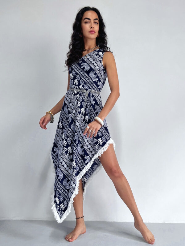 Fringe Printed Single Shoulder Dress - Image 4