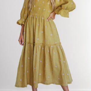 Smocked Square Neck Flounce Sleeve Dress
