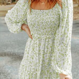 Smocked Floral Square Neck Balloon Sleeve Dress