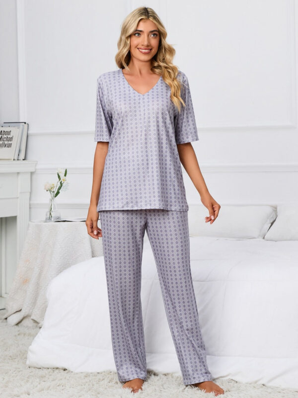 Printed V-Neck Top and Pants Lounge Set - Image 4