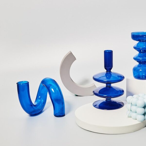 Blue Glass Candle Holder & Vase Set - Image 8