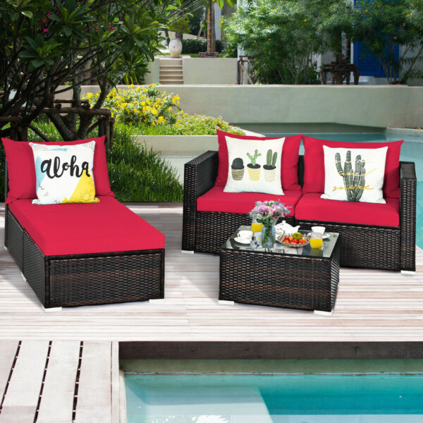 5PCS Patio Rattan Furniture Set Sectional Conversation Sofa w/ Coffee Table HW66521 - Image 2